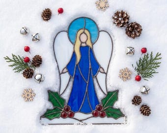 PDACE1143 Blue Christmas Angel Stained Glass Pattern, Holly Angel PDF SVG DIY Template
