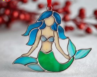 PDACE654 Patrón de vitral de sirena (PDF), diseño de atrapasol de fantasía oceánica, arte de vidrio de diosa marina (descarga digital)