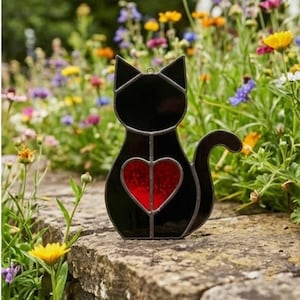 Peut inclure: Décoration en vitrail en forme de chat noir avec un cœur rouge au centre. Le chat a des oreilles pointues et une queue recourbée. L'ornement est présenté en extérieur, avec un jardin fleuri coloré en arrière-plan.