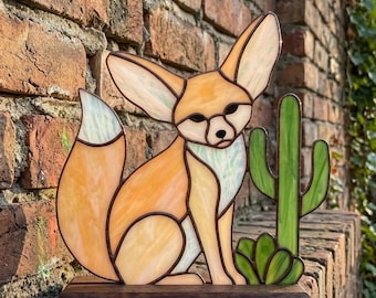 PDACE1289 Patrón de vidriera de zorro fénec y cactus, PDF de animales del desierto, arte en vidrio Tiffany DIY
