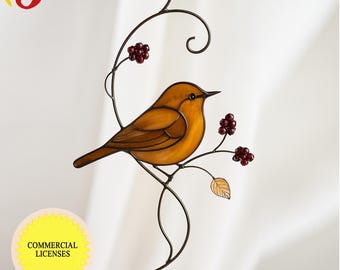 PDACE14   Commercial Stained Glass Bird Pattern –  Carolina Wren | Digital PDF Template, Wire Frame Design, DIY Suncatcher