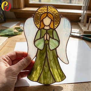 PDACE963 Bidden engel glas in lood patroon SVG PNG PDF, religieuze Suncatcher