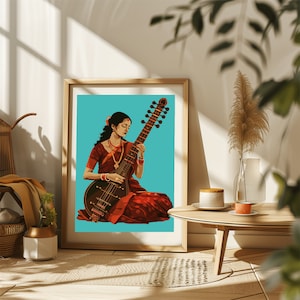 Woman indian Sitar, Desi Art, Saraswati Veena, Indian Woman Art, South Asian, Tamil Girl, Musician Gift, Instant Download PDF