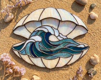 PDACE1299 Patrón de vidrieras de conchas marinas y olas del océano, atrapasoles PDF, vidrio de playa DIY
