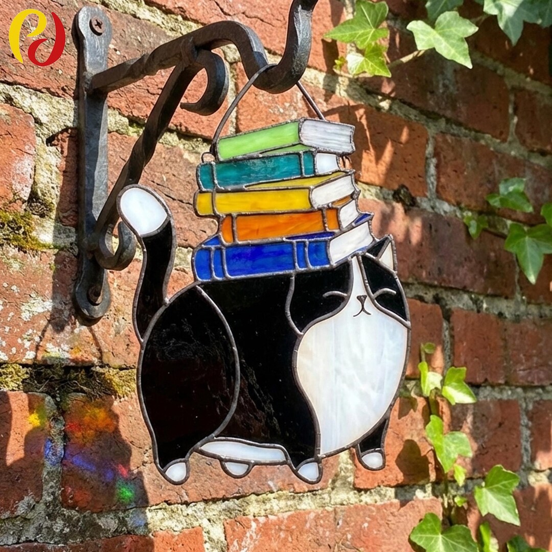 PDACE915 Book Lover Cat Stained Glass Pattern, Reading Cat Suncatcher ...