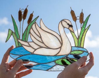 PDACE1121 Elegant Swan Stained Glass Pattern, Swan Lake Window Panel PDF SVG PNG, Bird Suncatcher Template