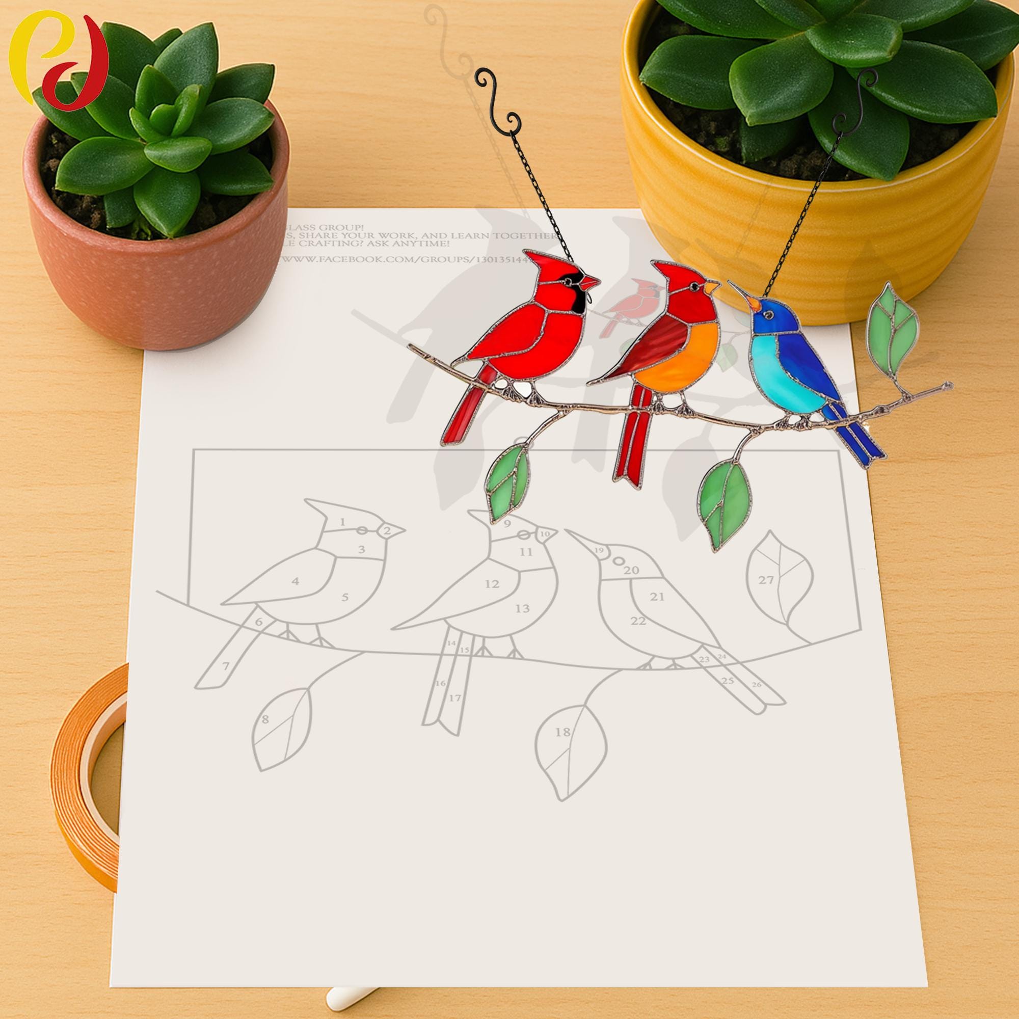 PD 75 Stained Glass Bird Window Hanging, Set of 3 Bird Suncatchers, Custom Stained Glass Mother's Day Gift Bird Pattern