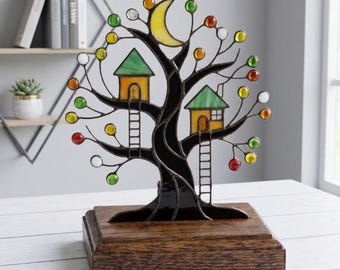 PDACE1144 Stained Glass Treehouse Pattern, Enchanted Tree PDF SVG, DIY Glass Art Template