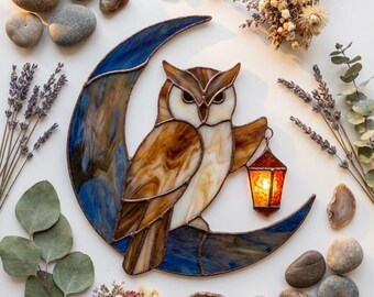 PDACE1136 Owl on Moon Stained Glass Pattern, Lantern Owl Suncatcher SVG PDF DIY Template