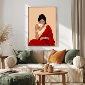 Indian Woman drinks Chai Art , Desi Art, Boho Art, Coffee lovers Art, South Asian, Coffee lover portrait, Partying Art, Instant Download PDF