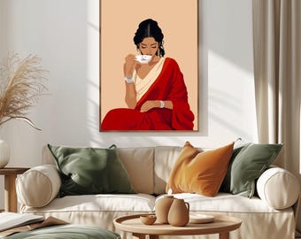 Indian Woman drinks Chai Art , Desi Art, Boho Art, Coffee lovers Art, South Asian, Coffee lover portrait, Partying Art, Instant Download PDF