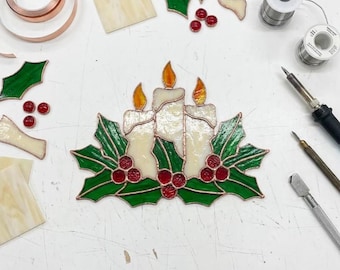 PDACE1146 Christmas Candle Stained Glass Pattern, Holly Window Panel PDF SVG DIY Template