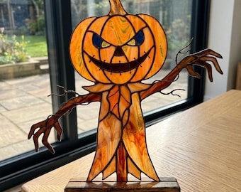 PDACE1131 Jack O Lantern Scarecrow Stained Glass Pattern, Halloween Pumpkin SVG PDF DIY Template
