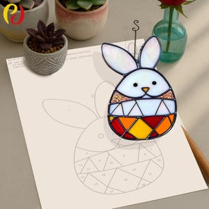 PD 186 Easter rabbit Stained glass window with sun-catching pig Digital Download Pattern , DIY Suncatcher  stained glass,Bunny Suncatcher