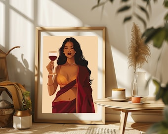 Indian Woman Drinking Art , Desi Art, Boho Art, Indian Woman wall Art, South Asian, Tamil Girl, Partying Art, Instant Download PDF