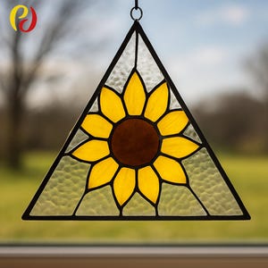 May include: A stained glass sunflower suncatcher in a triangular frame. The sunflower has yellow petals and a brown center. The frame is black and has a loop for hanging. The background is blurred, showing a glimpse of the outdoors.