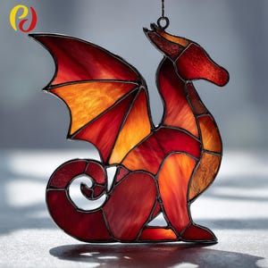 PDACE337 Pattern Red Dragon Stained Glass Pattern – Fantasy Suncatcher Design , DIY Suncatcher  stained glass ,stained glass window