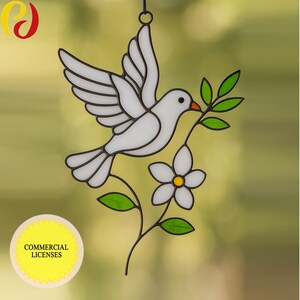 May include: A stained glass dove with outstretched wings holding a green branch in its beak. The dove is white and the branch has green leaves. The dove is perched on a green stem with a white flower with a yellow center.