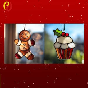 May include: Two stained glass Christmas ornaments. One is a gingerbread man with a smiling face, brown body, and red and white accents. The other is a cupcake with a white top, red and orange base, and holly and berry detail.