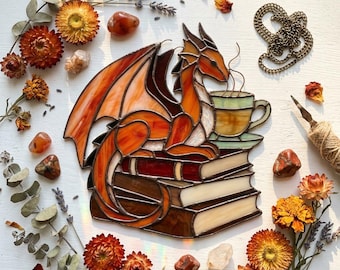 PDACE1291 Patrón de vidriera de dragón, PDF de dragón de fantasía, Libros y té Tiffany Arte DIY