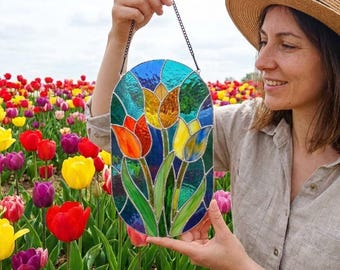 PDACE1117 Tulip Stained Glass Pattern PDF SVG PNG Oval Suncatcher Window Panel Template