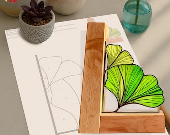 PDACE605 Ginkgo Leaf Stained Glass Pattern – Digital Bookend Design, Botanical Suncatcher Template, DIY Glass PDF