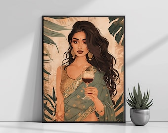 Indian Woman Drinking Art , Desi Art, Boho Art, Indian Woman wall Art, South Asian, Tamil Girl, Partying Art, Instant Download PDF