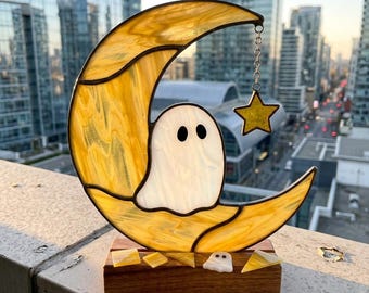 PDACE1277 Patrón de vidriera Luna Fantasma, Atrapasueños de Halloween en PDF, Diseño de vidrio Tiffany