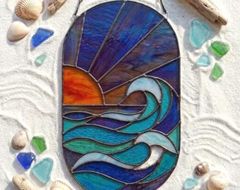 PDACE1112 Ocean Sunset Stained Glass Pattern, Wave Suncatcher PDF SVG PNG Template