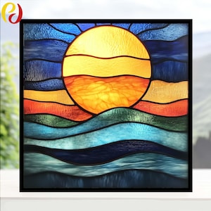 May include: Stained glass panel depicting a sunset over a wavy ocean. The sun is a large, round shape in shades of yellow and orange. The ocean is represented by layers of blue, green, and orange glass, all framed in a black border.