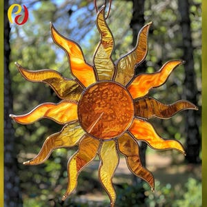 PDACE366 Stained Glass Sun Suncatcher, Orange and Amber Sunburst Window Hanging, Sun Catcher Home Decor, Handmade Glass Art