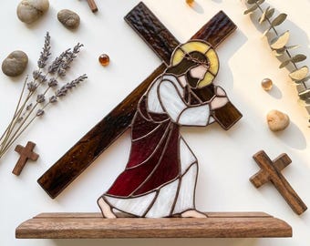 PDACE1307 Jesus Carrying Cross Stained Glass Pattern, Christian Suncatcher PDF, Religious DIY Art