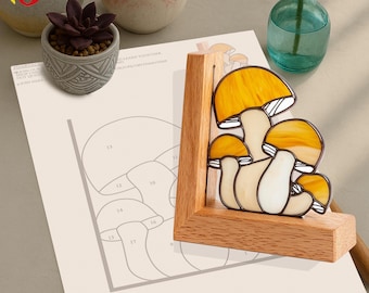 PDACE610 Mushroom Stained Glass Pattern – Digital Bookend Design, Fungi Suncatcher Template, DIY Glass PDF
