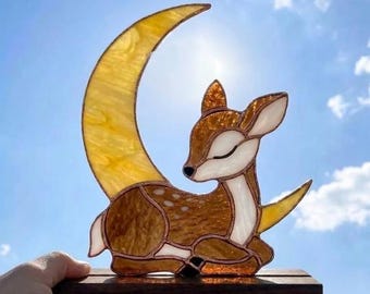 PDACE1279 Patrón de vidriera de cervatillo, ciervo y luna en PDF, diseño de vidrio Tiffany de bosque para bricolaje