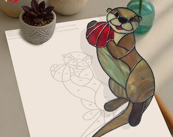 PDACE517 Patrón de nutria de vitral: adorable nutria marina con bola roja, plantilla para atrapasol, archivo de diseño de arte en vidrio DIY para decorar ventanas