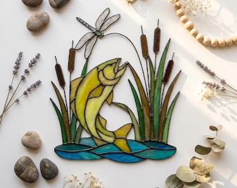 PDACE1123 Bass Fish & Dragonfly Stained Glass Pattern, Fishing Lake Panel PDF SVG PNG Template