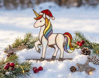 PDACE1295 Patrón de vidriera de unicornio arcoíris, unicornio navideño en PDF, arte DIY de Tiffany
