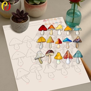 May include: A paint-by-number mushroom kit featuring various colourful mushroom designs. The kit includes a sheet with numbered outlines and several completed mushroom examples. The image also shows potted succulents and a vase with a red rose.
