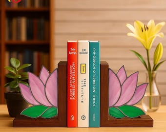 PDACE480 Lotus Flower Stained Glass Bookend Pattern, DIY Glass Art Template, Zen Home Decor Design, Instant Download PDF