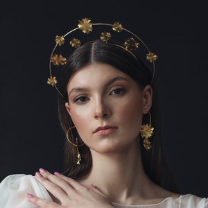 Celestial Star Halo Crown Gold Bridal Headband, Boho Wedding Headpiece, Minimalist Bride