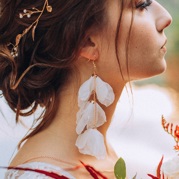 Delicathe lightfull long wedding earrings fabric flowers bridal earrings wedding earrings bohemian fabric gold wedding jewelry silk earrings