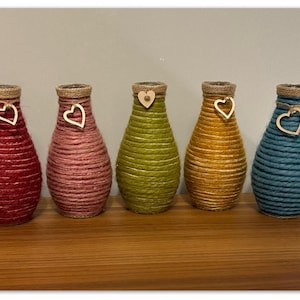 Yarn wrapped bottles/Rustic botttles/Farmhouse decor/up cycled bottle/shabby chic bottles/xmas gift/friendship gift/housewarming/home decor