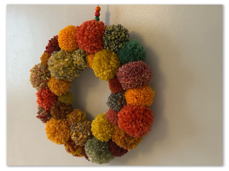 Autumn Wool Pom Pom Wreath, Colorful Fall Home Decor image 3