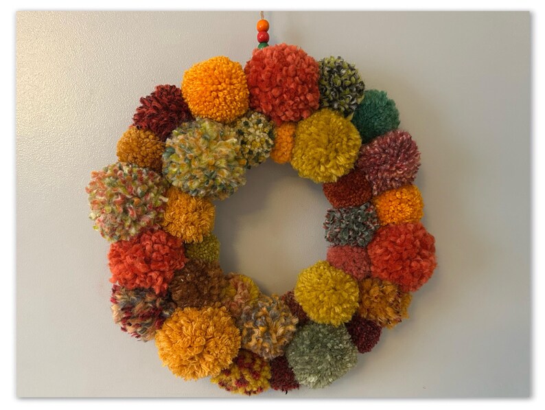 Autumn Wool Pom Pom Wreath, Colorful Fall Home Decor image 4