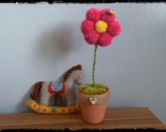 Pom Pom Daisy Plant, Nursery Decor, Clay Pot with Bee