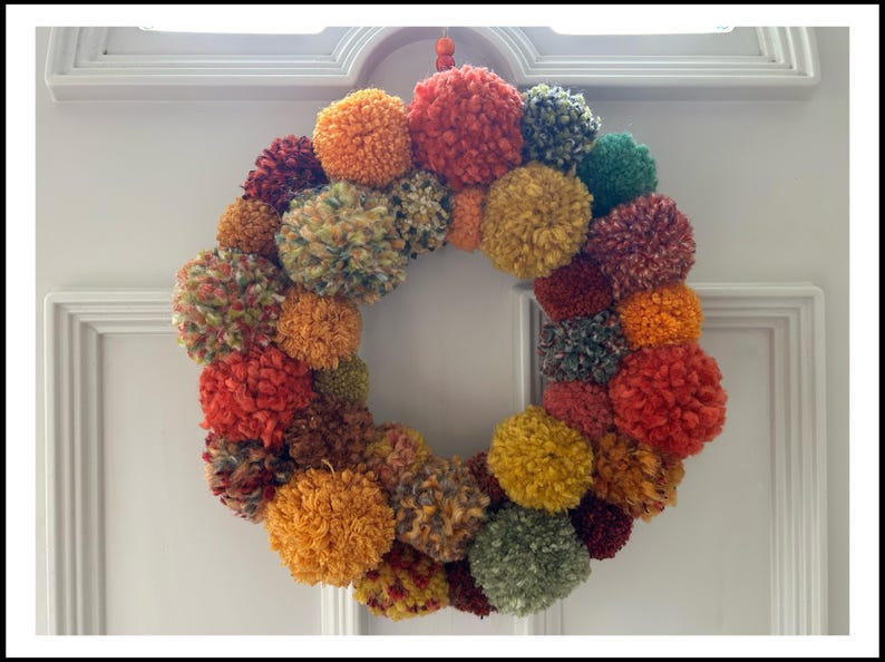 Autumn Wool Pom Pom Wreath, Colorful Fall Home Decor Autumn colour 1