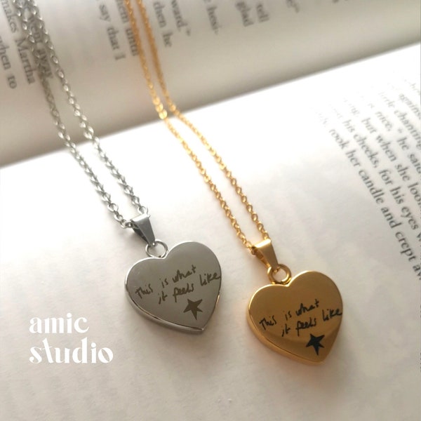 feels like inspired necklace | gracie girlie, gracie necklace, handwriting, this is what it feels like, stainless steel, heart