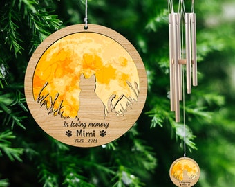 Custom Stained Wind Chime, Ornament Hanging On Window, In Loving Memory, Sympathy Gift, Cat Loss, Cat On The Moon Wind Chime, Pet Loss Gifts