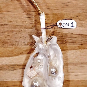 May include: A white oyster shell ornament with two faux pearls and seashells inside. The ornament is attached to a gold ribbon and has a tag that says "ON 1".