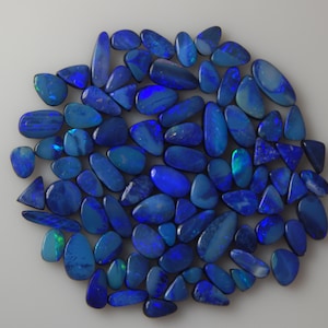 May include: A collection of polished opals in various shapes and sizes, showcasing a spectrum of blues. The opals have a glossy finish, with flashes of iridescent color. The gemstones are arranged on a white surface.